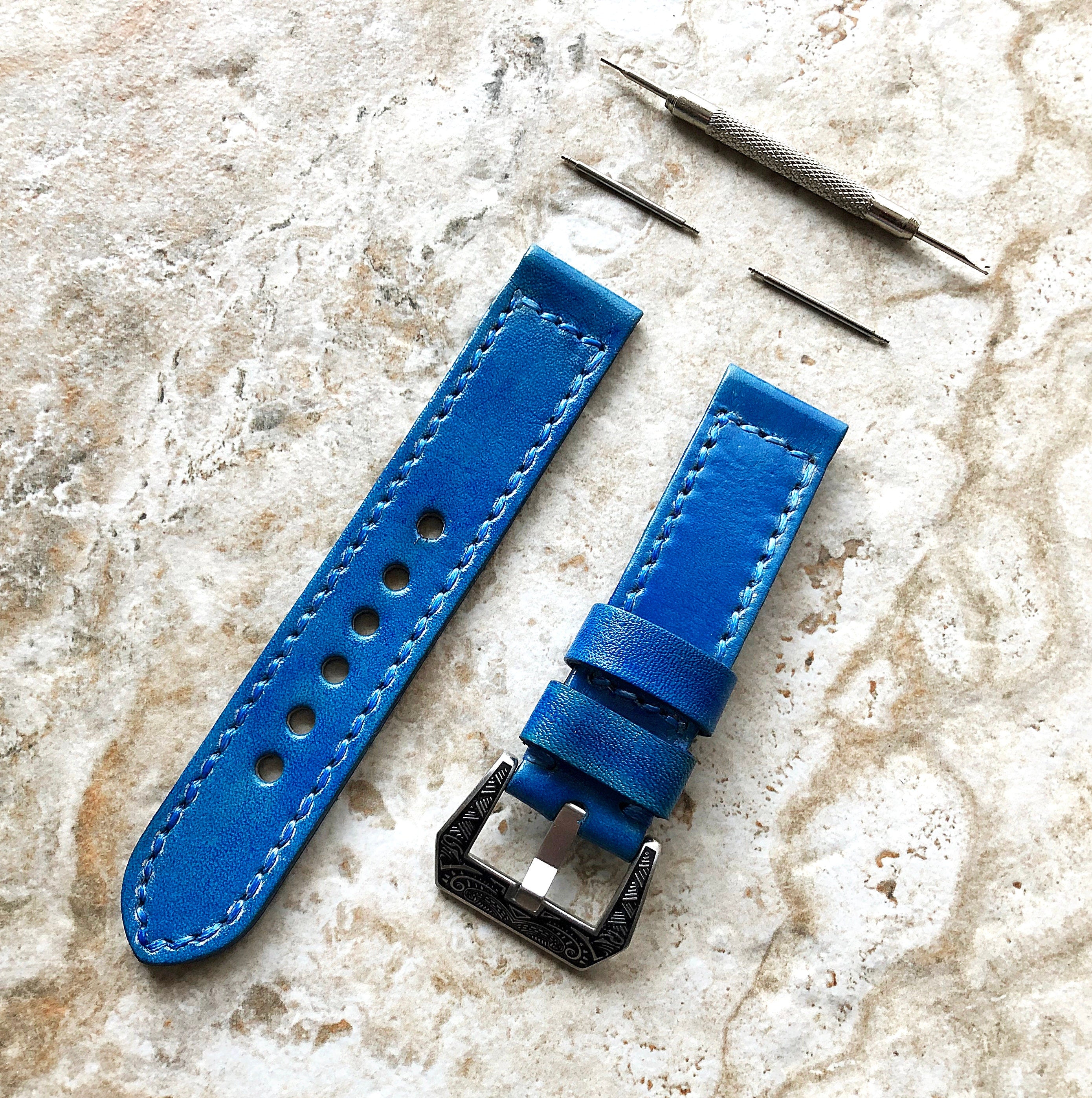 Blue Brushed Band 22mm 24mm 25mm Compatible with Apple Watch Fitbit Versa 2 3 4 Sense 2 Ionic Double Sided Stitched Real Leather Strap